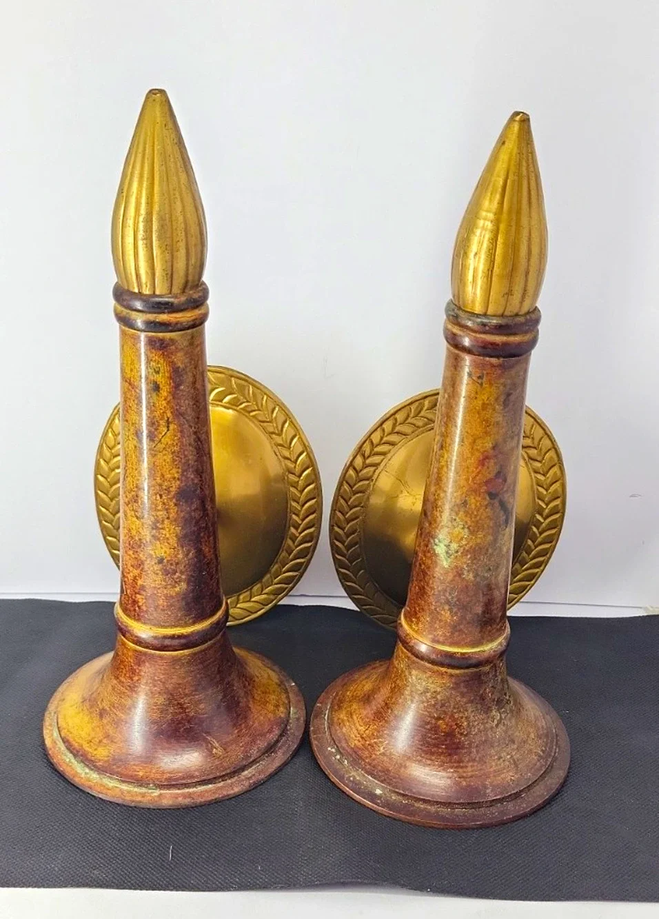 Vintage Pair MCM Brass Wood Tone Wall Candle Holder Sconces 1960s Mid Century